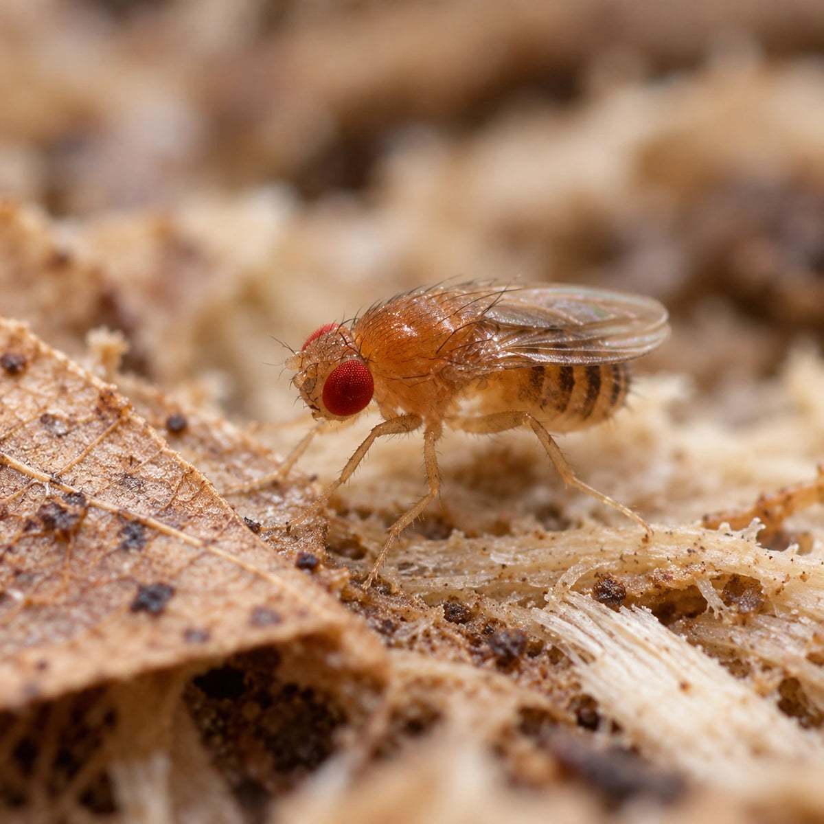 AI-generated reference-guided close view of Turkish winged flightless Drosophila melanogaster. Real Turkish winged flightless anatomy reference: Frogs n Things. AI-generated new habitat and framing.