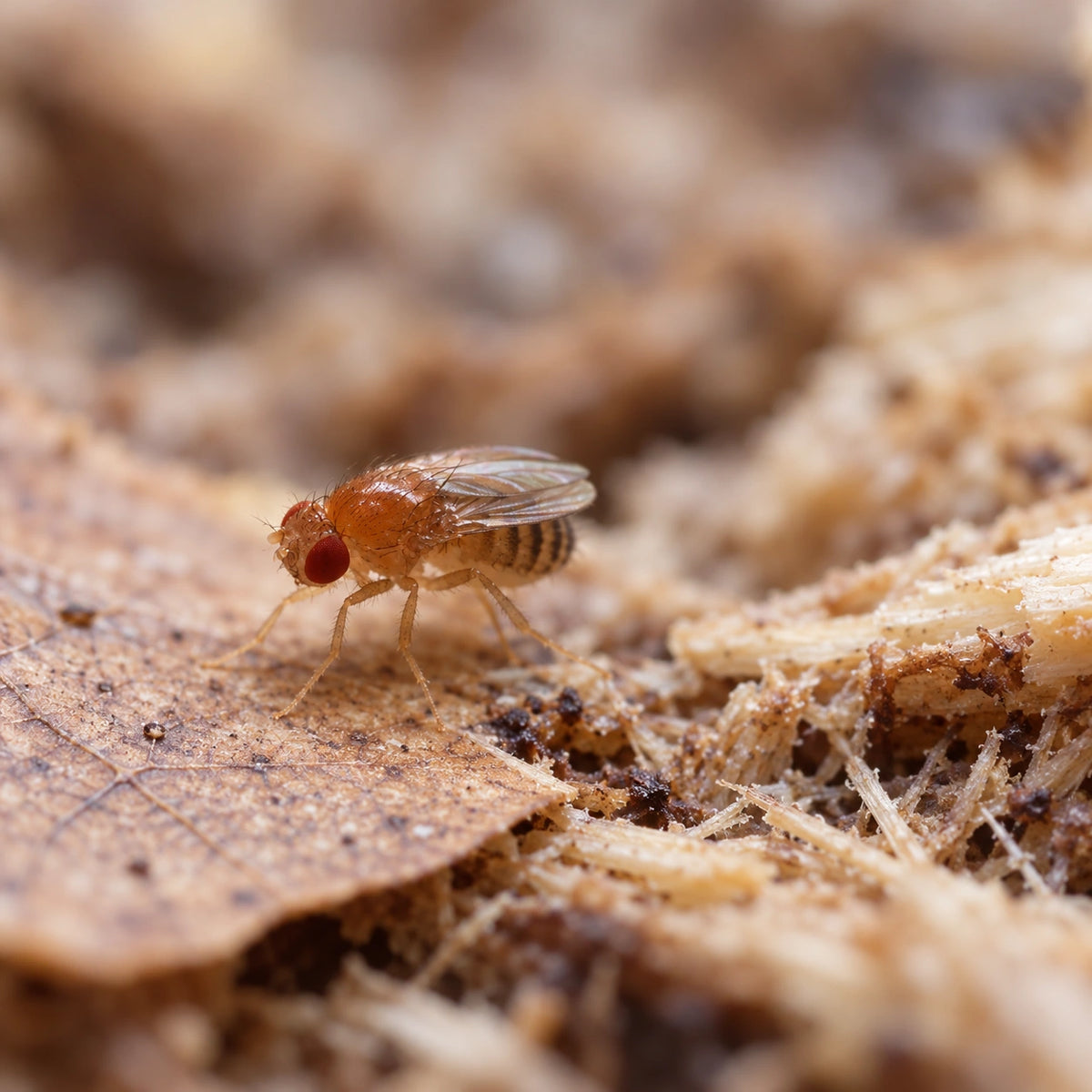 AI-generated reference-guided wide habitat view of Turkish winged flightless Drosophila melanogaster. Real Turkish winged flightless anatomy reference: Frogs n Things. AI-generated new habitat and framing.
