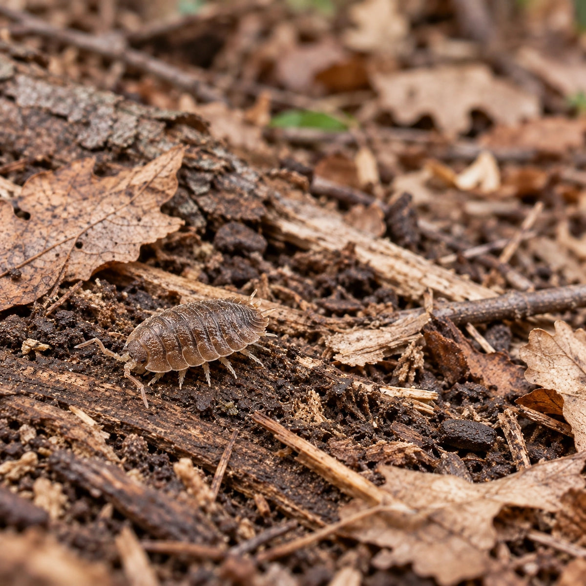 AI-generated reference-guided wide habitat view of Porcellio dilatatus Giant Canyon.