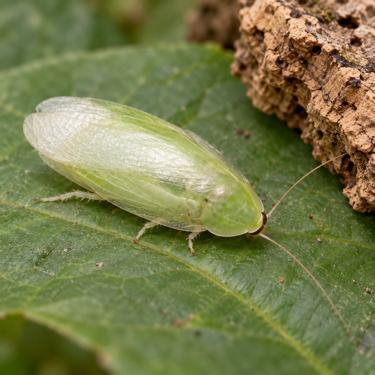 AI-generated reference-guided close view of giant green banana cockroach Panchlora sp. Giant adult female. Real giant green banana roach anatomy reference: Roach Crossing. AI-generated new habitat and framing.