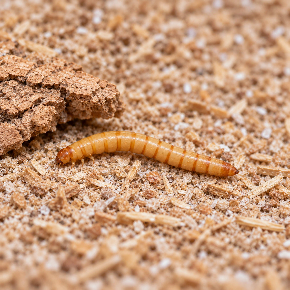 AI-generated reference-guided wide habitat view of mealworm larva (Tenebrio molitor). Reference: Fvukajlovic, Wikimedia Commons, CC BY 4.0 https://creativecommons.org/licenses/by/4.0/. AI adaptation: new habitat and framing.