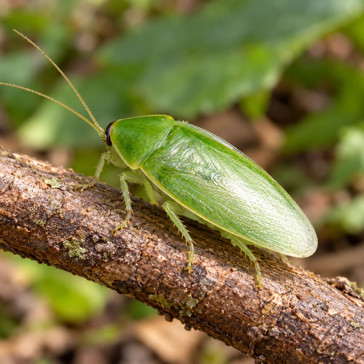 AI-generated reference-guided close view of green banana cockroach Panchlora nivea. Real anatomy reference: Robert Lord Zimlich, BugGuide. AI-generated new habitat and framing.