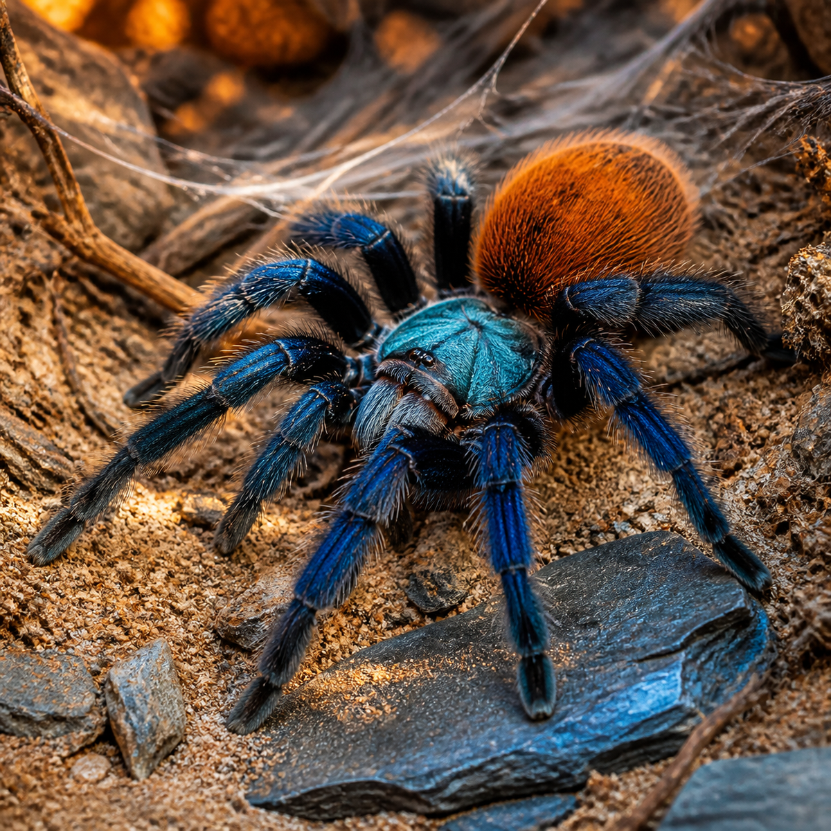 Green Bottle Blue tarantula (Chromatopelma cyaneopubescens) with blue legs and orange abdomen