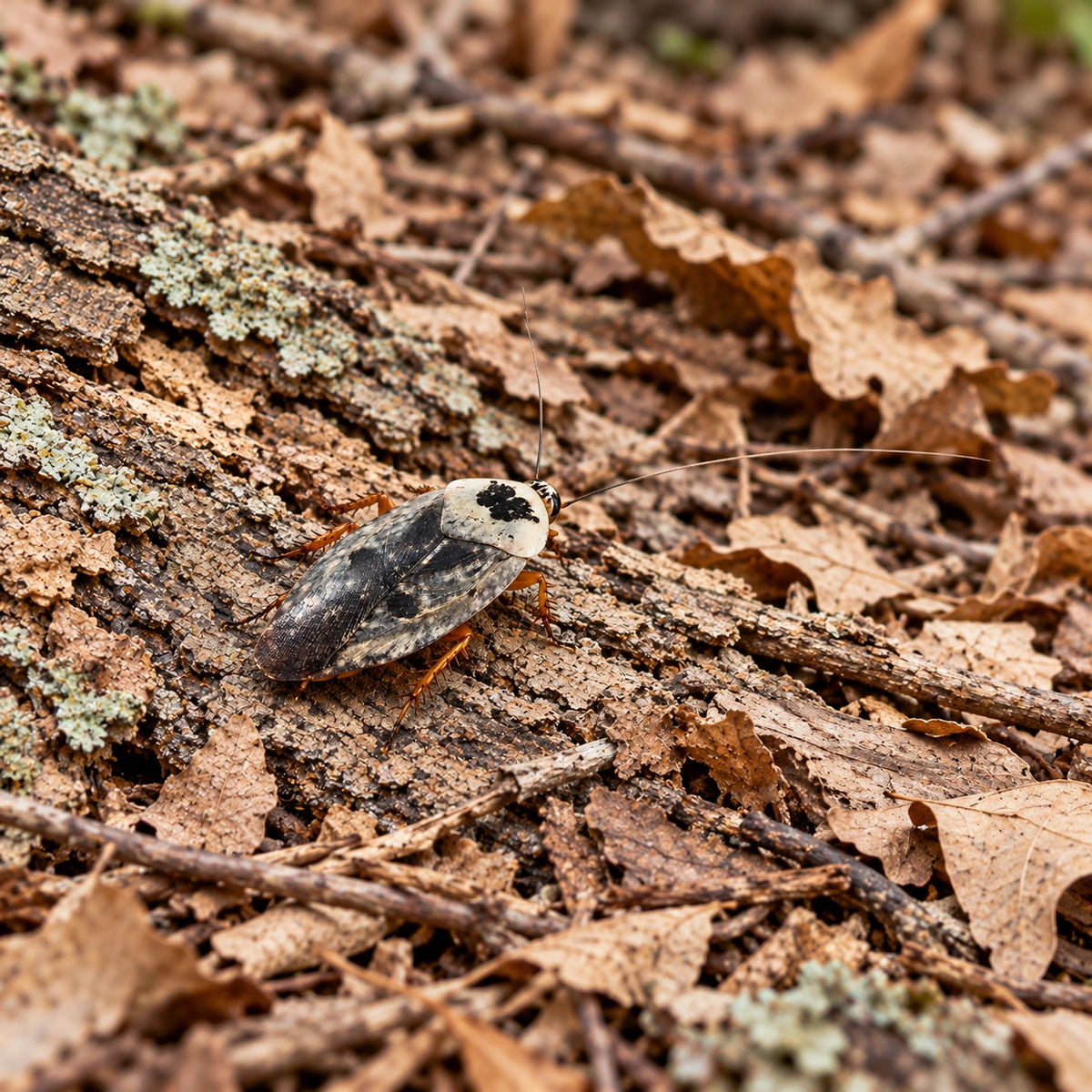 AI-generated reference-guided wide habitat view of chrome roach (Gyna caffrorum). Real anatomy reference: Pauls Pills. AI-generated new habitat and framing.