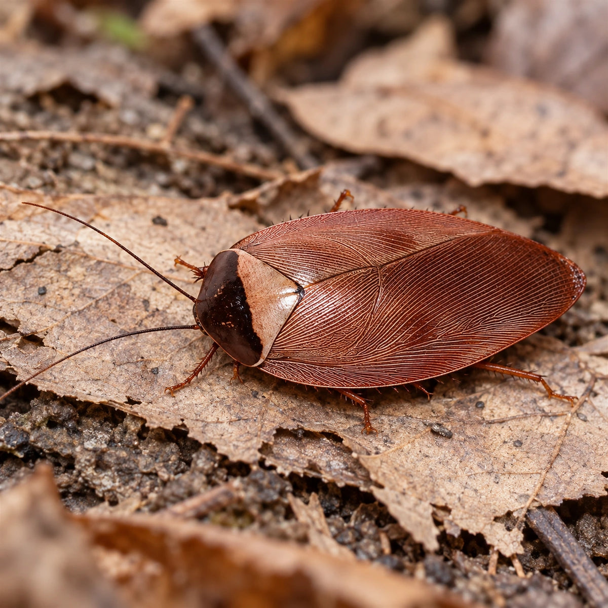 AI-generated reference-guided close view of pink roach (Gyna capucina). Real anatomy reference: Roach Crossing. AI-generated new habitat and framing.
