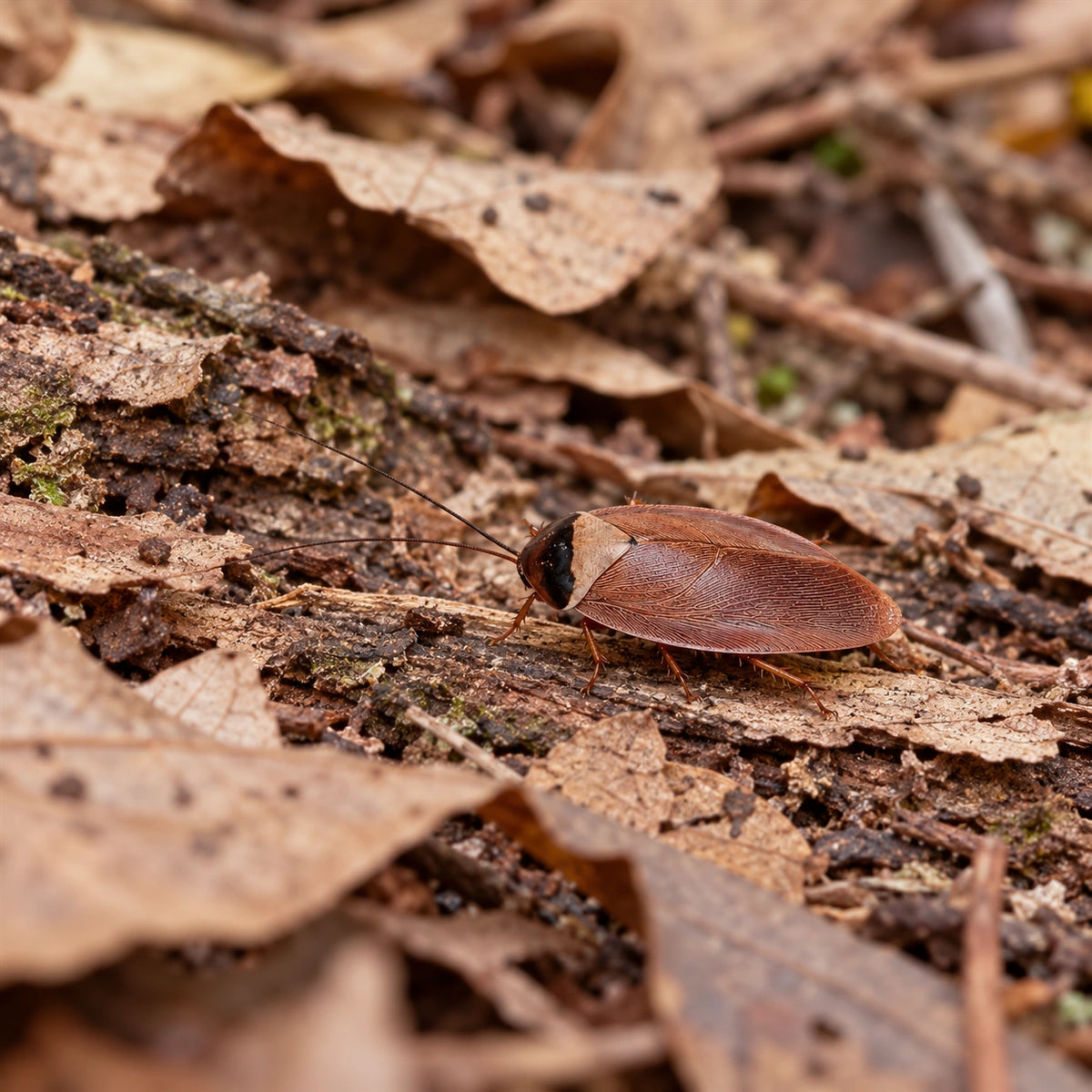 AI-generated reference-guided wide habitat view of pink roach (Gyna capucina). Real anatomy reference: Roach Crossing. AI-generated new habitat and framing.