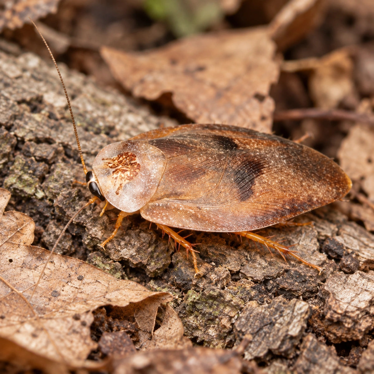 AI-generated reference-guided close view of porcelain roach (Gyna lurida). Real anatomy reference: The Wild Martin / Martinbo GM. AI-generated new habitat and framing.