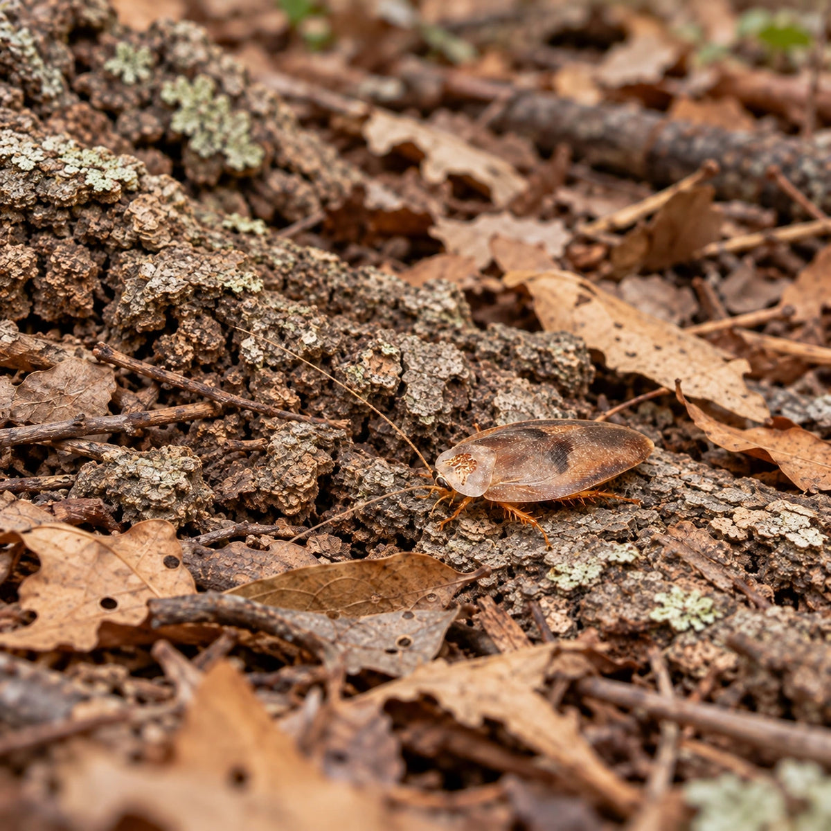 AI-generated reference-guided wide habitat view of porcelain roach (Gyna lurida). Real anatomy reference: The Wild Martin / Martinbo GM. AI-generated new habitat and framing.