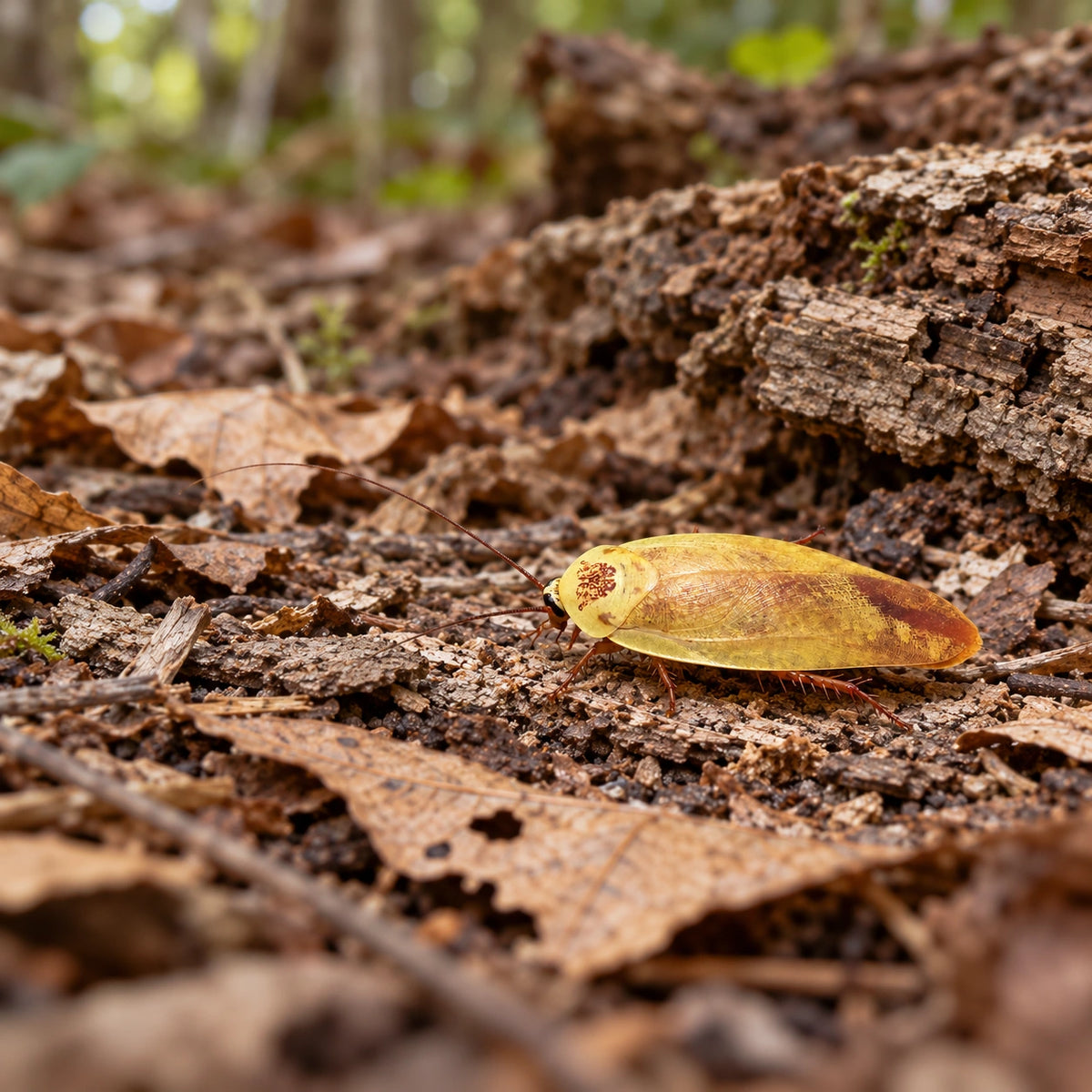 AI-generated reference-guided wide habitat view of yellow porcelain roach (Gyna lurida Yellow). Real anatomy reference: Roach Crossing. AI-generated new habitat and framing.