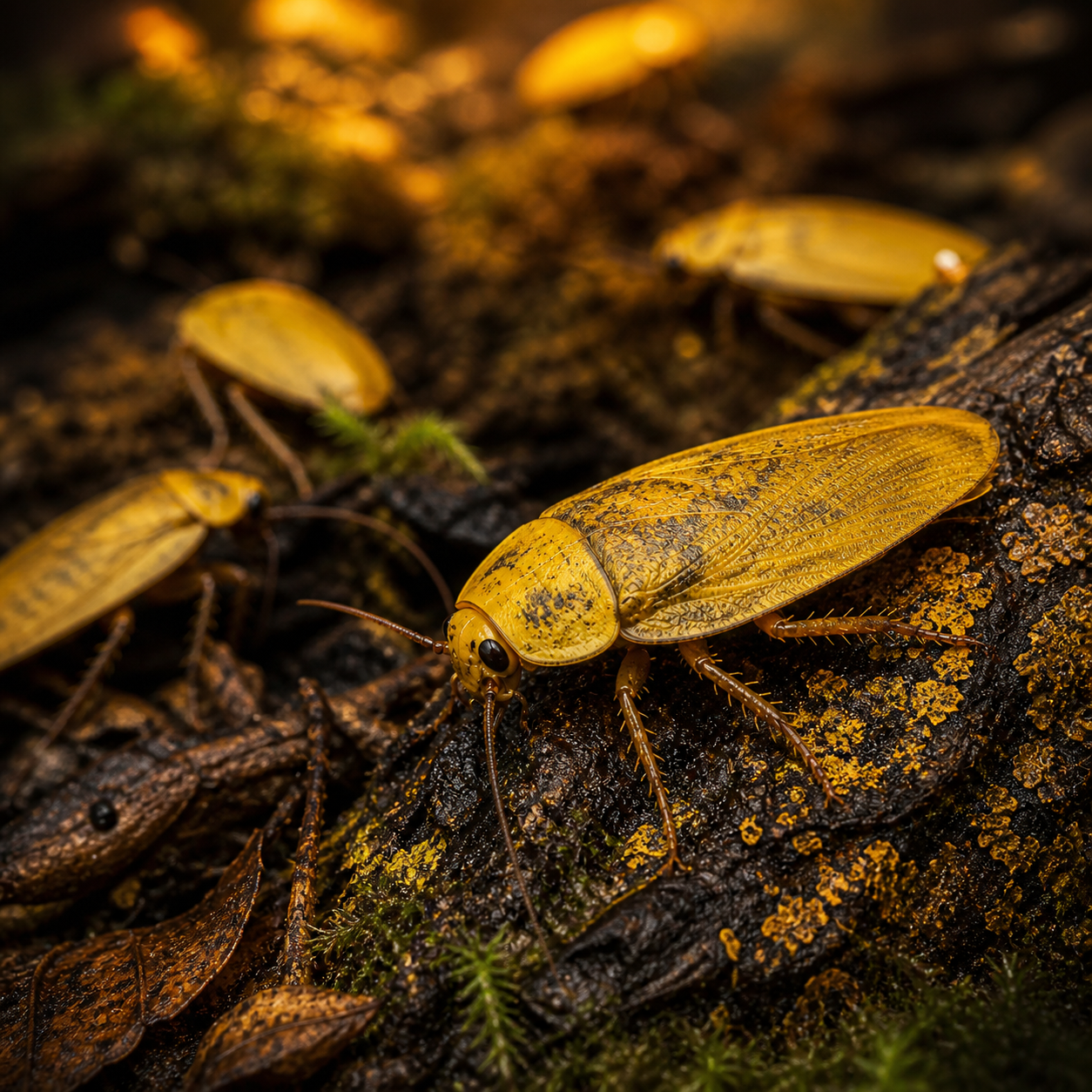 Yellow Gyna lurida adult roach in a secure natural display habitat