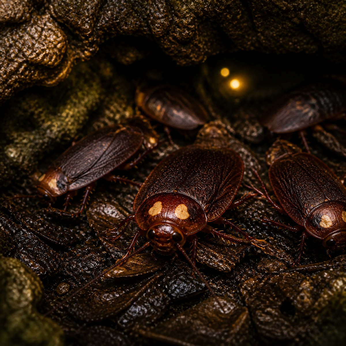 Headlamp roach (Eublaberus serranus) showing its distinctive pronotum marking