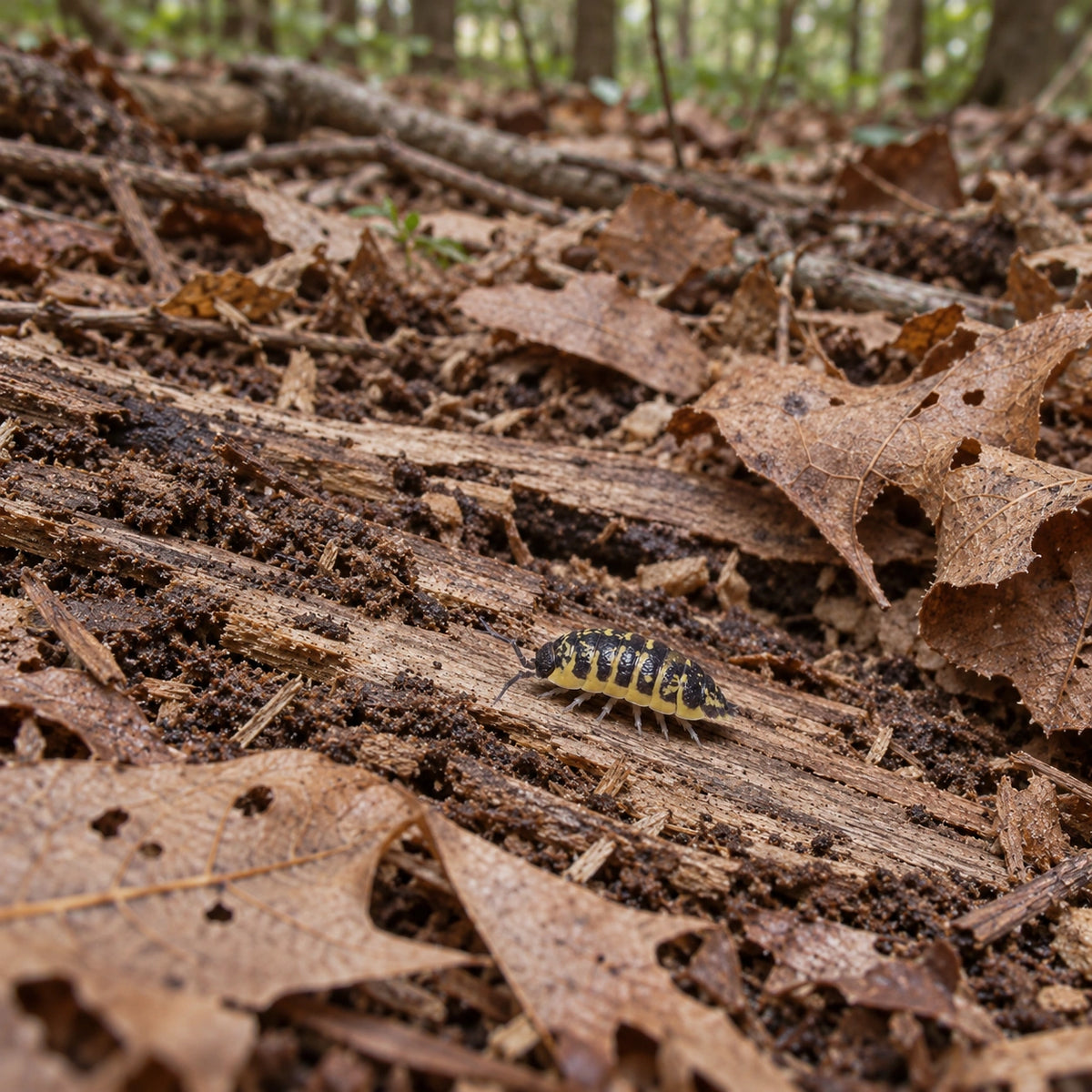 AI-generated reference-guided wide habitat view of Porcellio ornatus High Yellow.