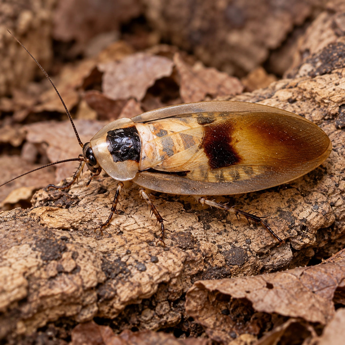 AI-generated reference-guided close view of Honduras cave roach (Blaberus sp. Honduras). Real anatomy reference: Roach Crossing. AI-generated new habitat and framing.