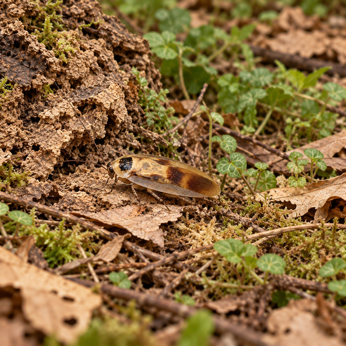 AI-generated reference-guided wide habitat view of Honduras cave roach (Blaberus sp. Honduras). Real anatomy reference: Roach Crossing. AI-generated new habitat and framing.
