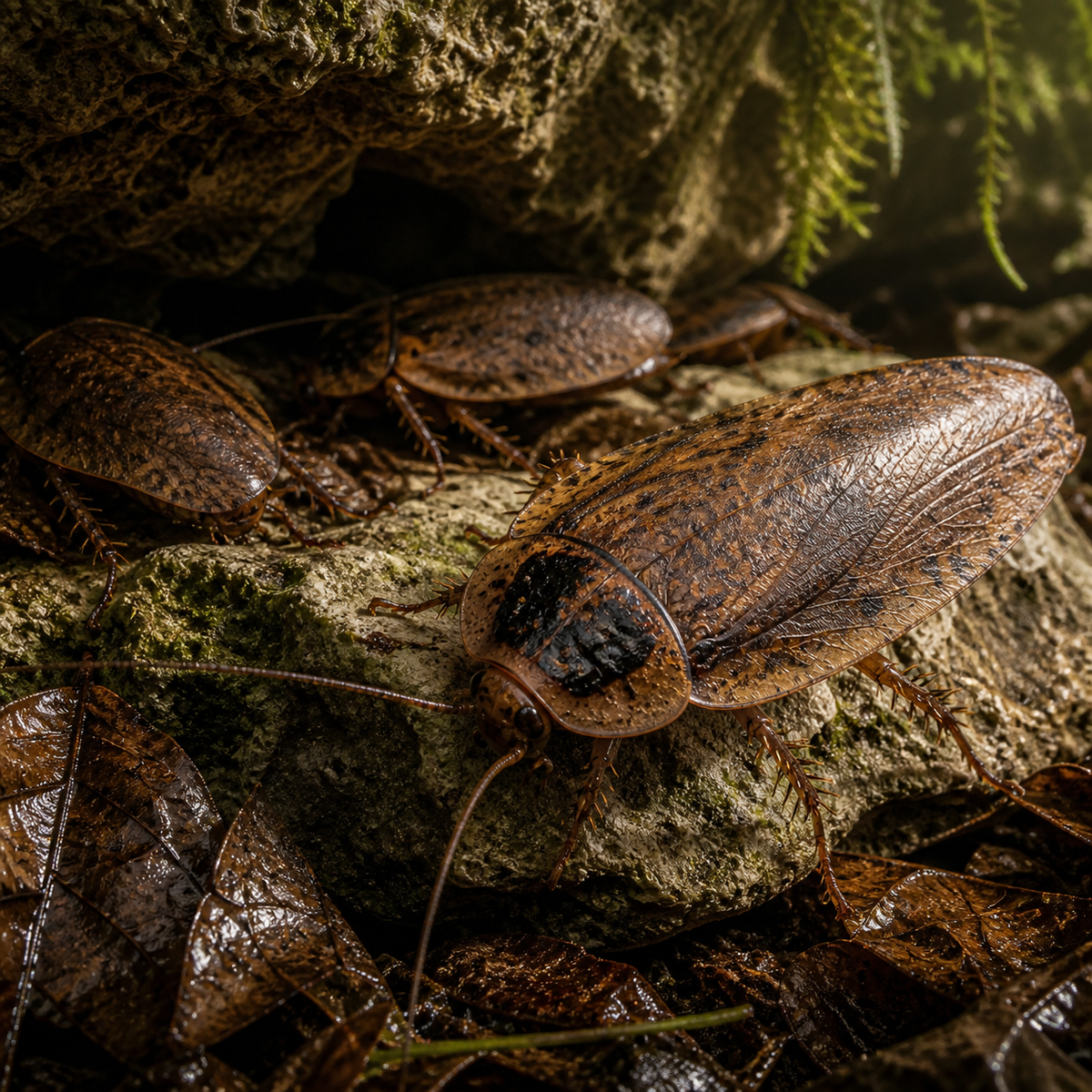 Honduras Cave roach, Blaberus sp. Honduras, in a cork-bark retreat