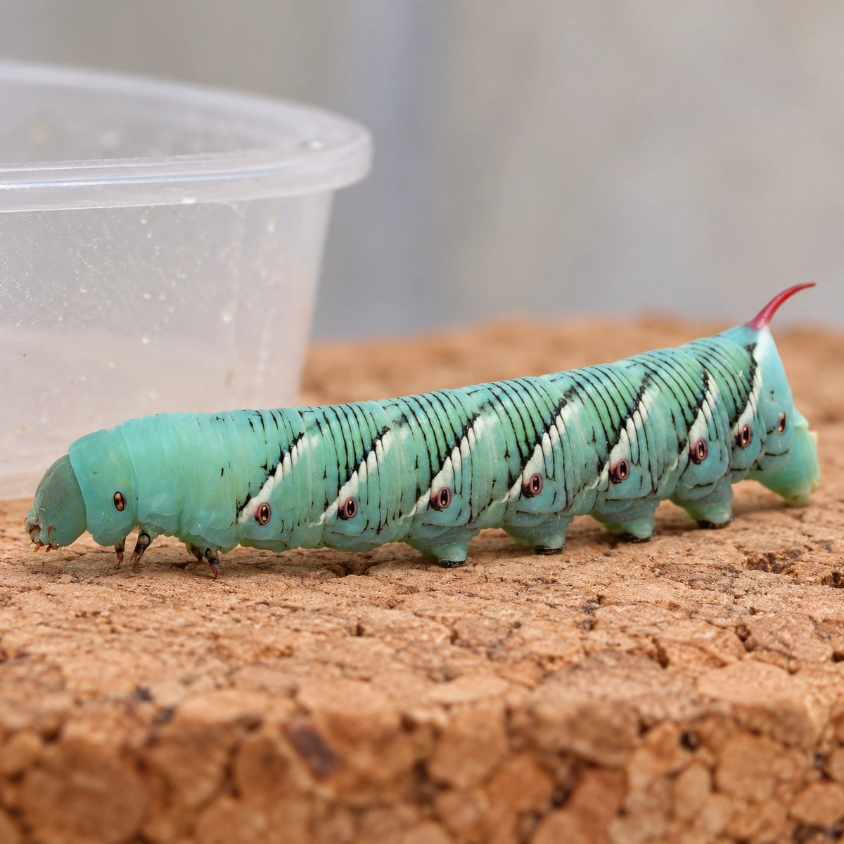 AI-generated reference-guided close view of tobacco hornworm Manduca sexta. Real anatomy reference: Ernie Cooper, 2012, Macrocritters. AI-generated new scene and framing.
