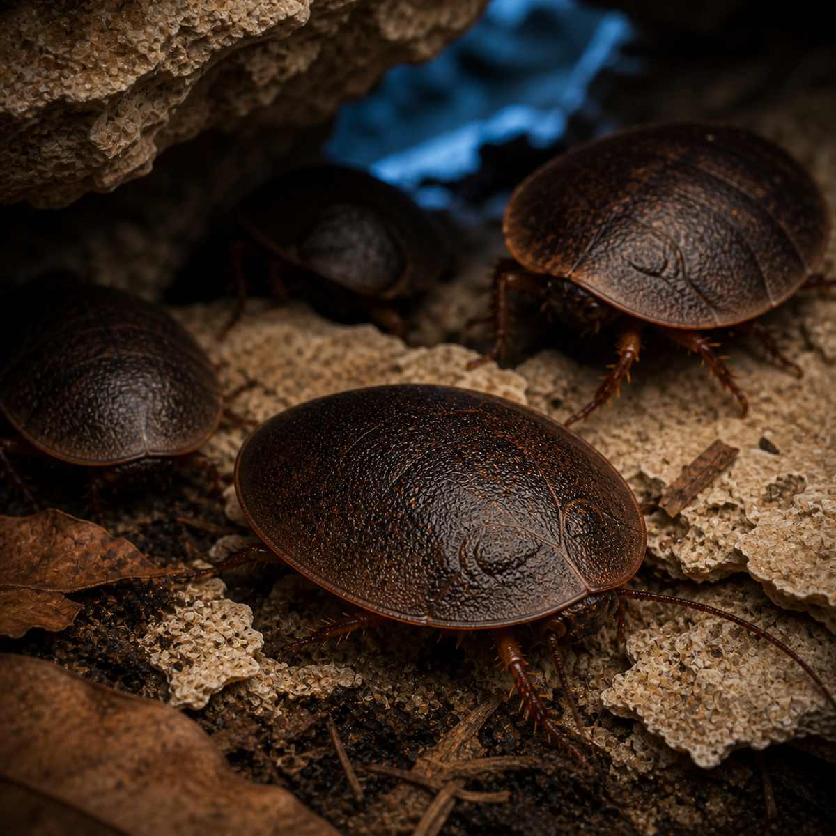 Horseshoe Crab roach (Hemiblabera tenebricosa) on natural burrowing substrate