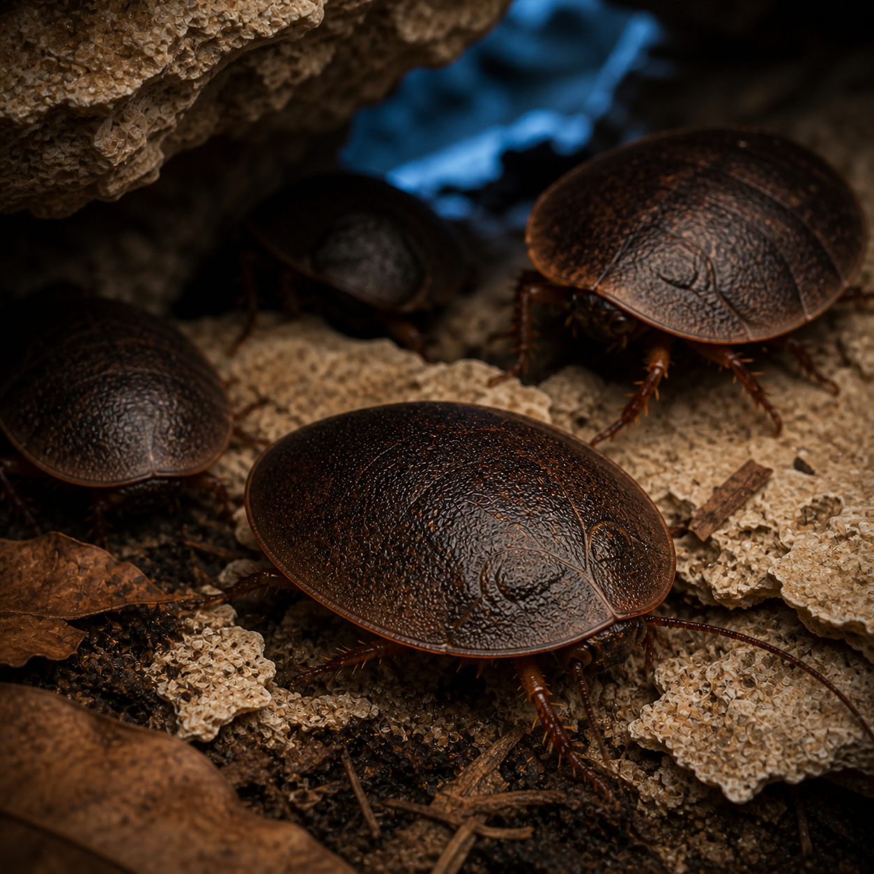 Horseshoe Crab roach (Hemiblabera tenebricosa) on natural burrowing substrate