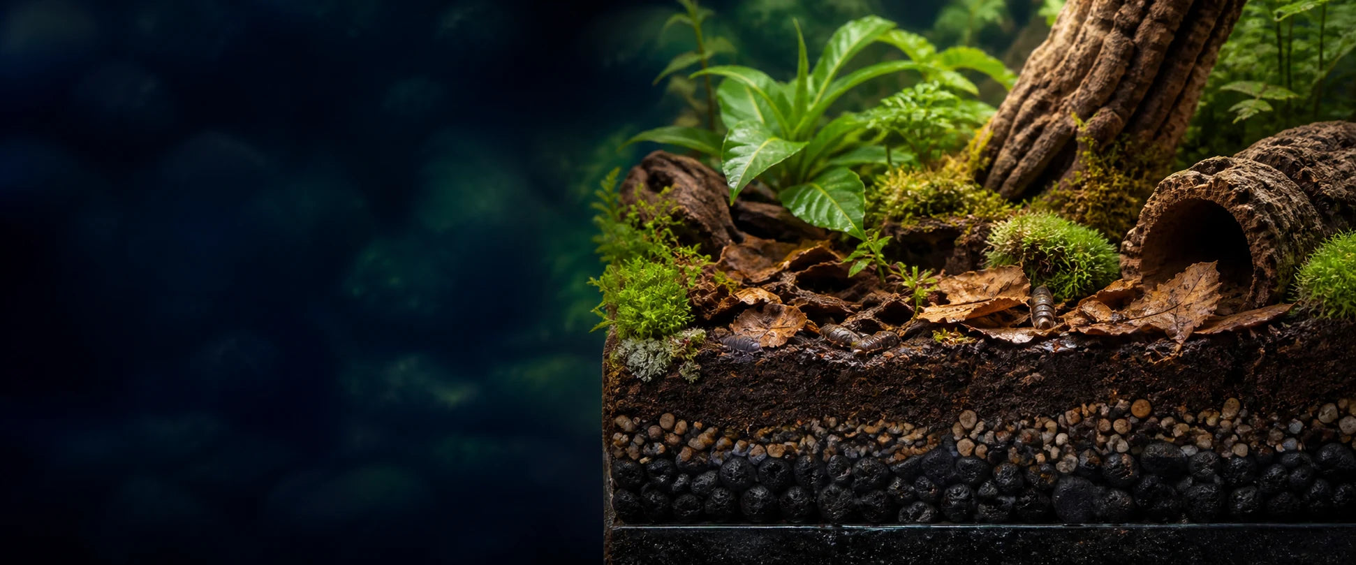 Bioactive terrarium floor with leaf litter, moss, wood, and cleanup crew habitat