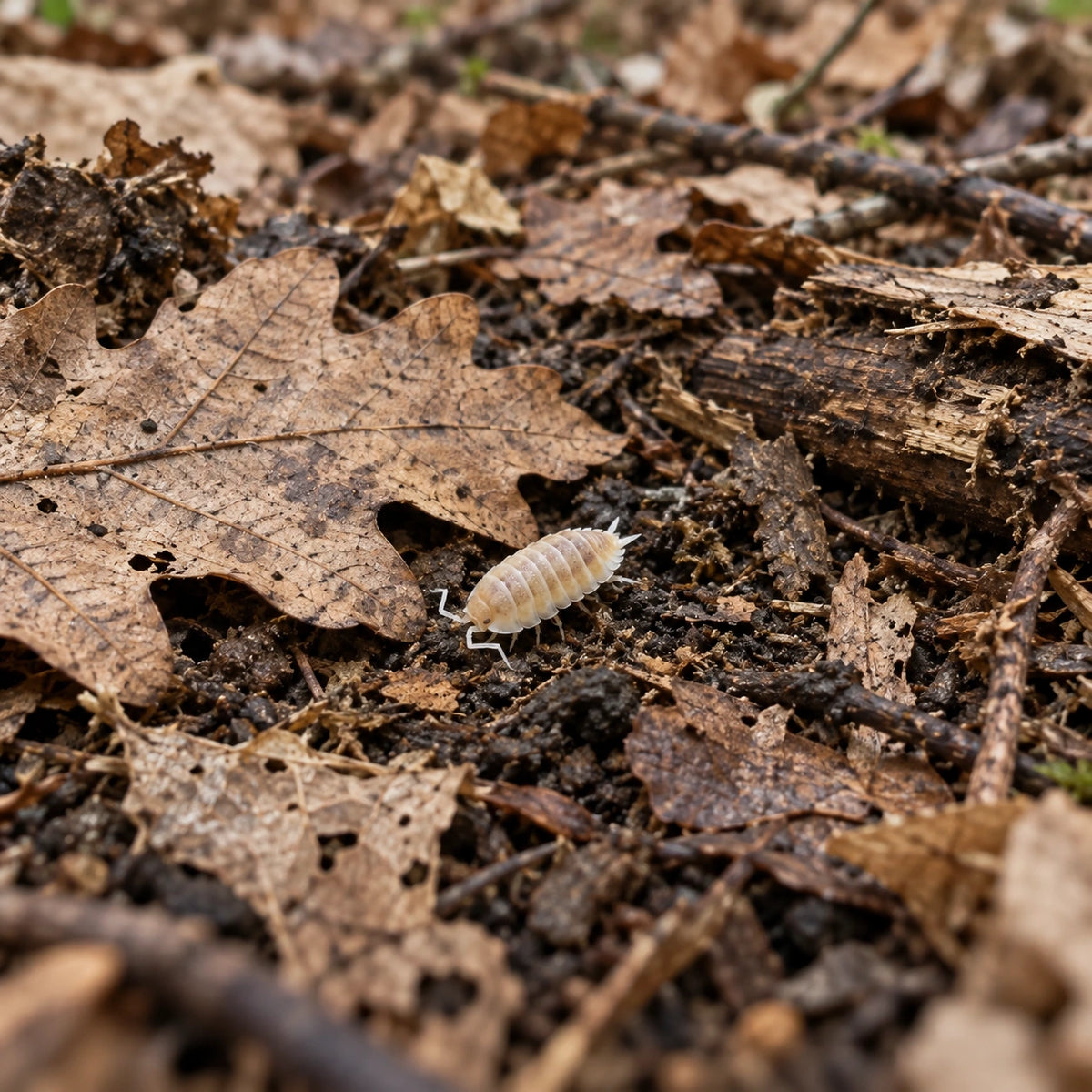 AI-generated reference-guided wide habitat view of Lemon Berry Crumble isopods.