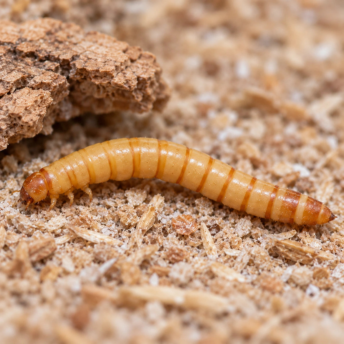 AI-generated reference-guided close view of mealworm larva (Tenebrio molitor). Reference: Fvukajlovic, Wikimedia Commons, CC BY 4.0 https://creativecommons.org/licenses/by/4.0/. AI adaptation: new habitat and framing.