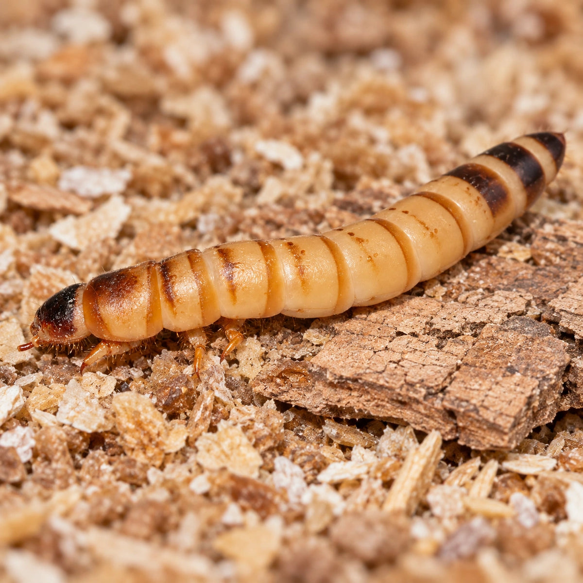 AI-generated reference-guided close view of superworm larva (Zophobas morio). Reference: Andre Karwath (Aka), Wikimedia Commons. AI adaptation: new habitat and framing. CC BY-SA 2.5 https://creativecommons.org/licenses/by-sa/2.5/.