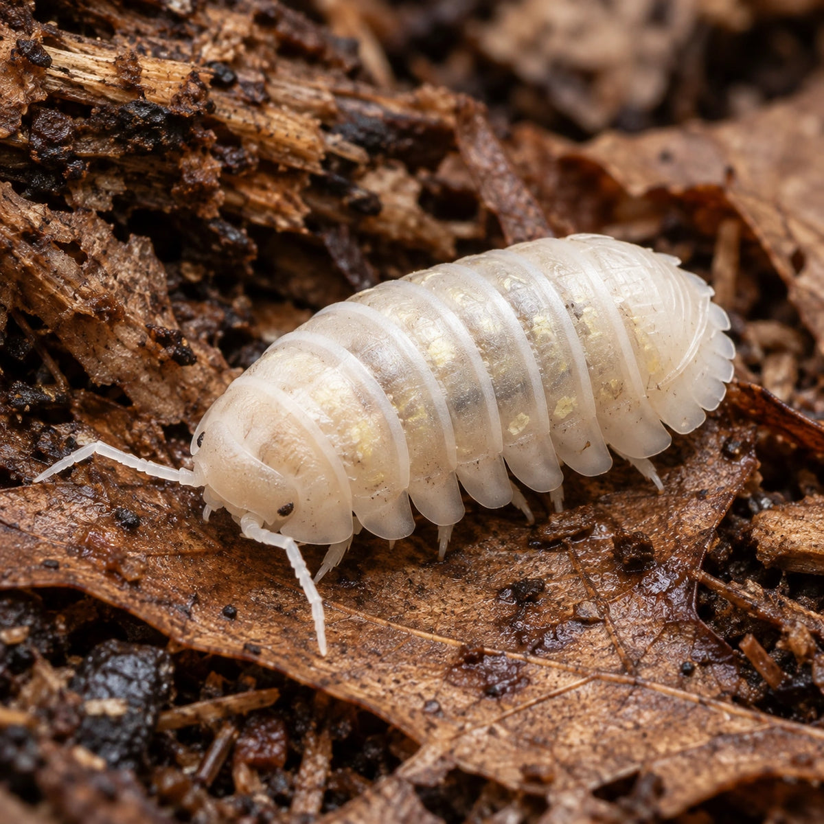 AI-generated reference-guided close view of Armadillidium depressum Magic Potion isopods.