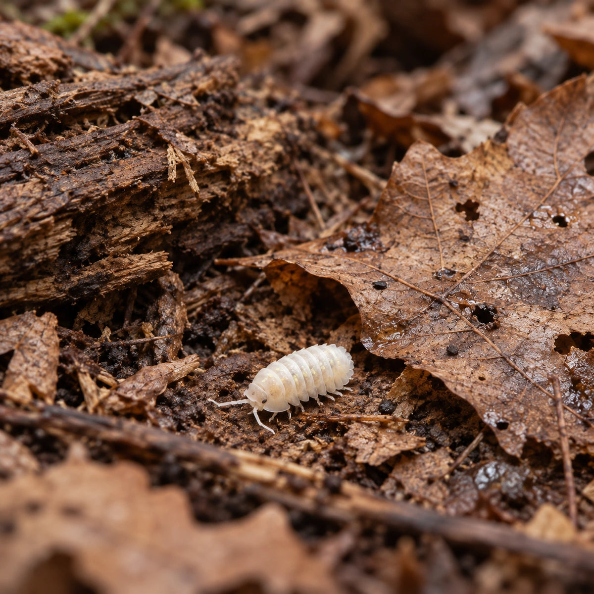 AI-generated reference-guided wide habitat view of Armadillidium depressum Magic Potion isopods.