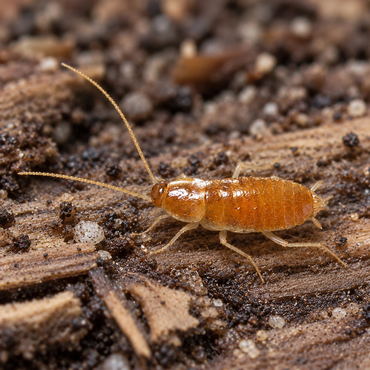 AI-generated reference-guided close view of Malaysian micro roach (Nocticola sp. Malaysia). Real anatomy reference: Invertebrate Dude. AI-generated new habitat and framing.