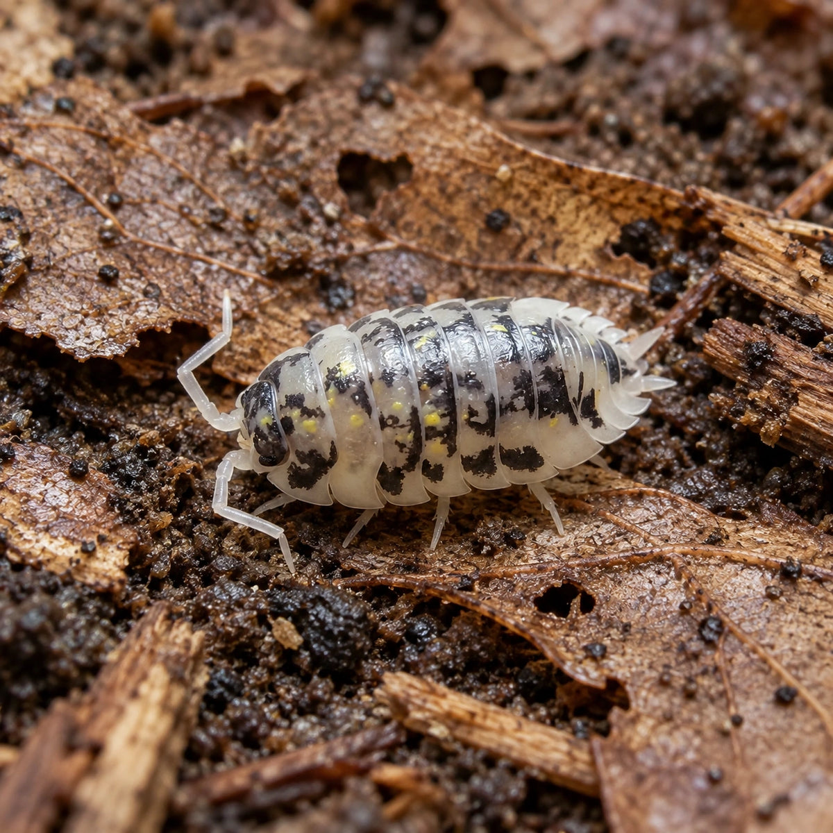 AI-generated reference-guided close view of Mardi Gras isopod (Oniscus asellus).
