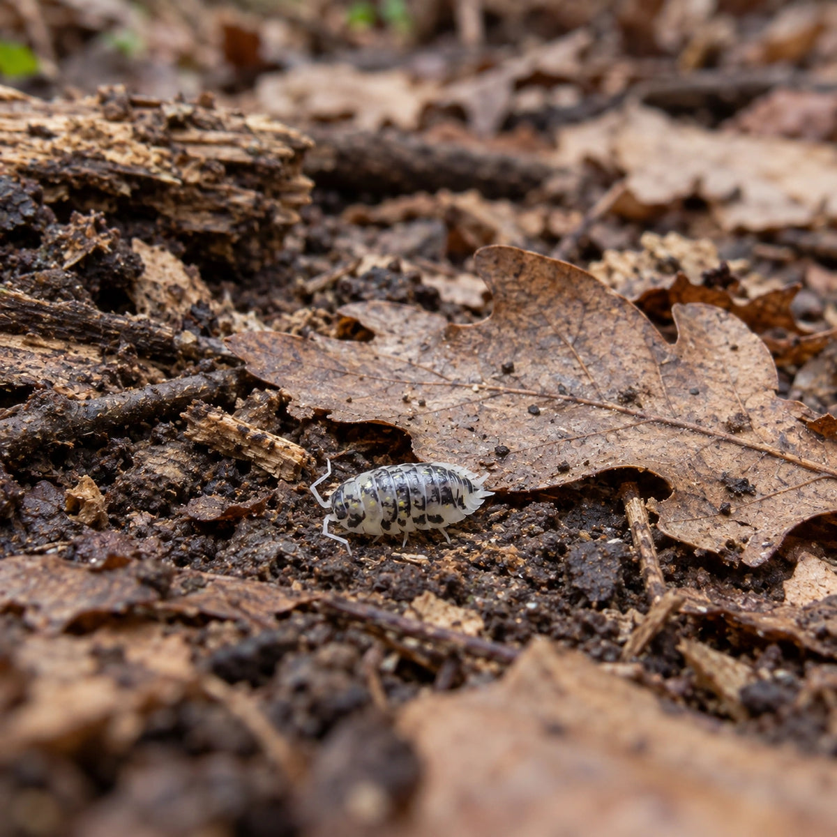 AI-generated reference-guided wide habitat view of Mardi Gras isopod (Oniscus asellus).