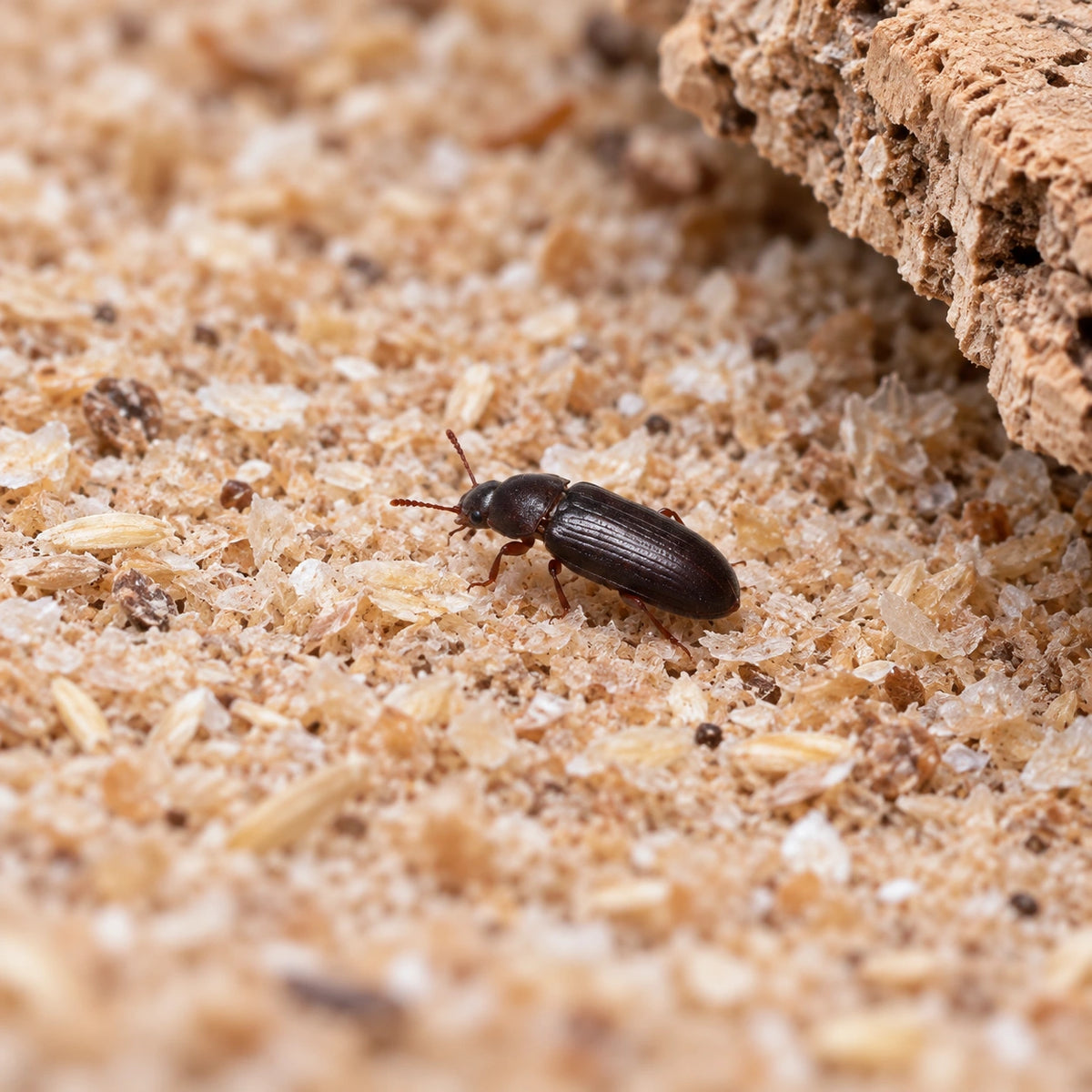 AI-generated reference-guided wide habitat view of adult mealworm beetle (Tenebrio molitor). Reference: Fvukajlovic, Wikimedia Commons, CC BY 4.0 https://creativecommons.org/licenses/by/4.0/. AI adaptation: new habitat and framing.