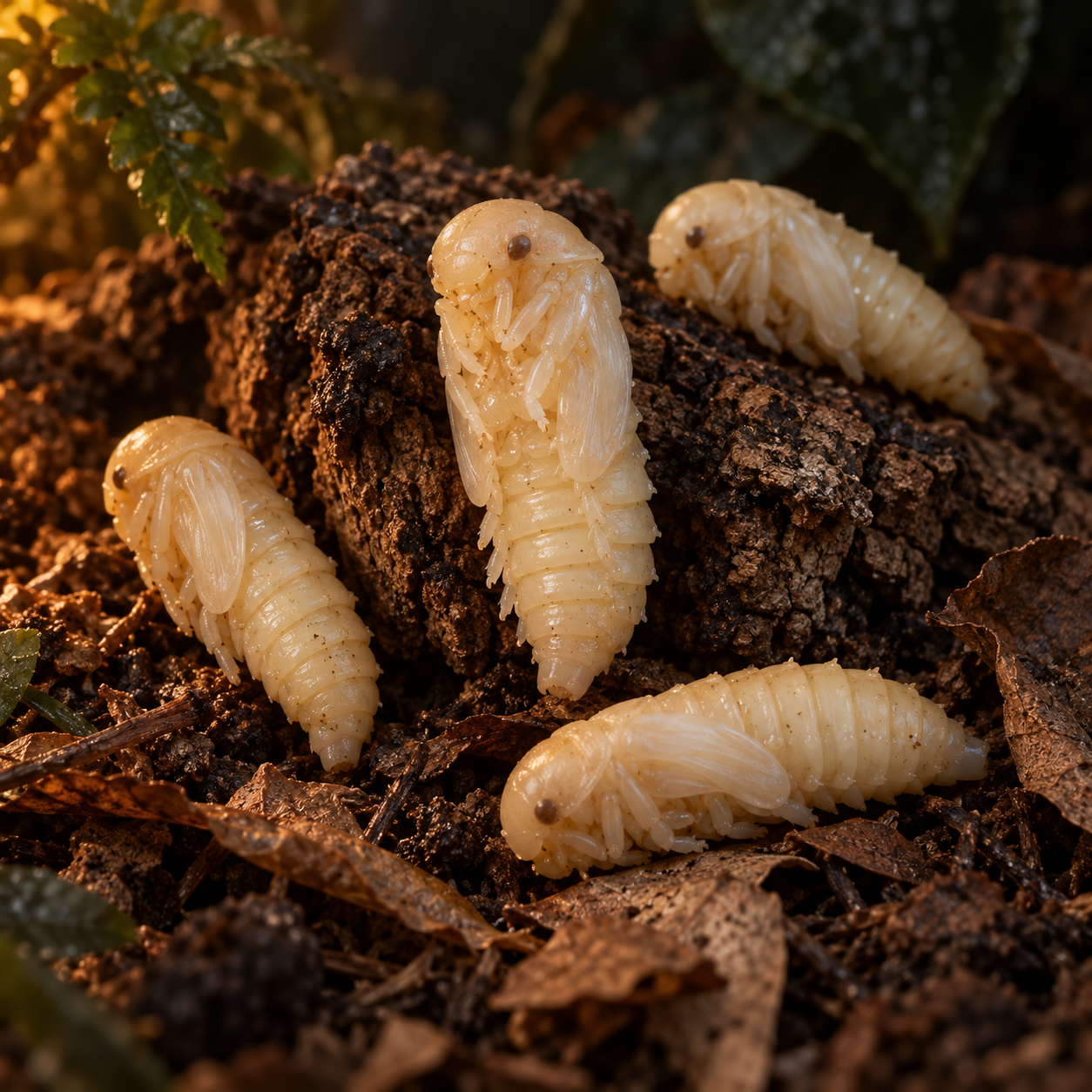 Live Mealworm Pupae – Free Shipping in a dark forest-floor scene