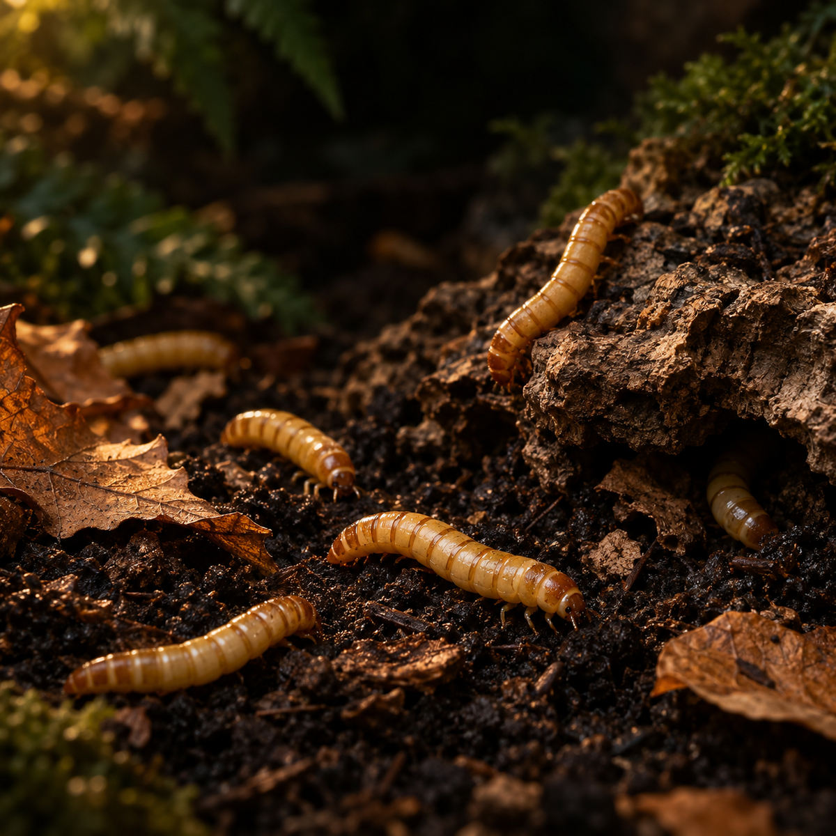Live Mealworms – Free Shipping on a dark forest-floor scene
