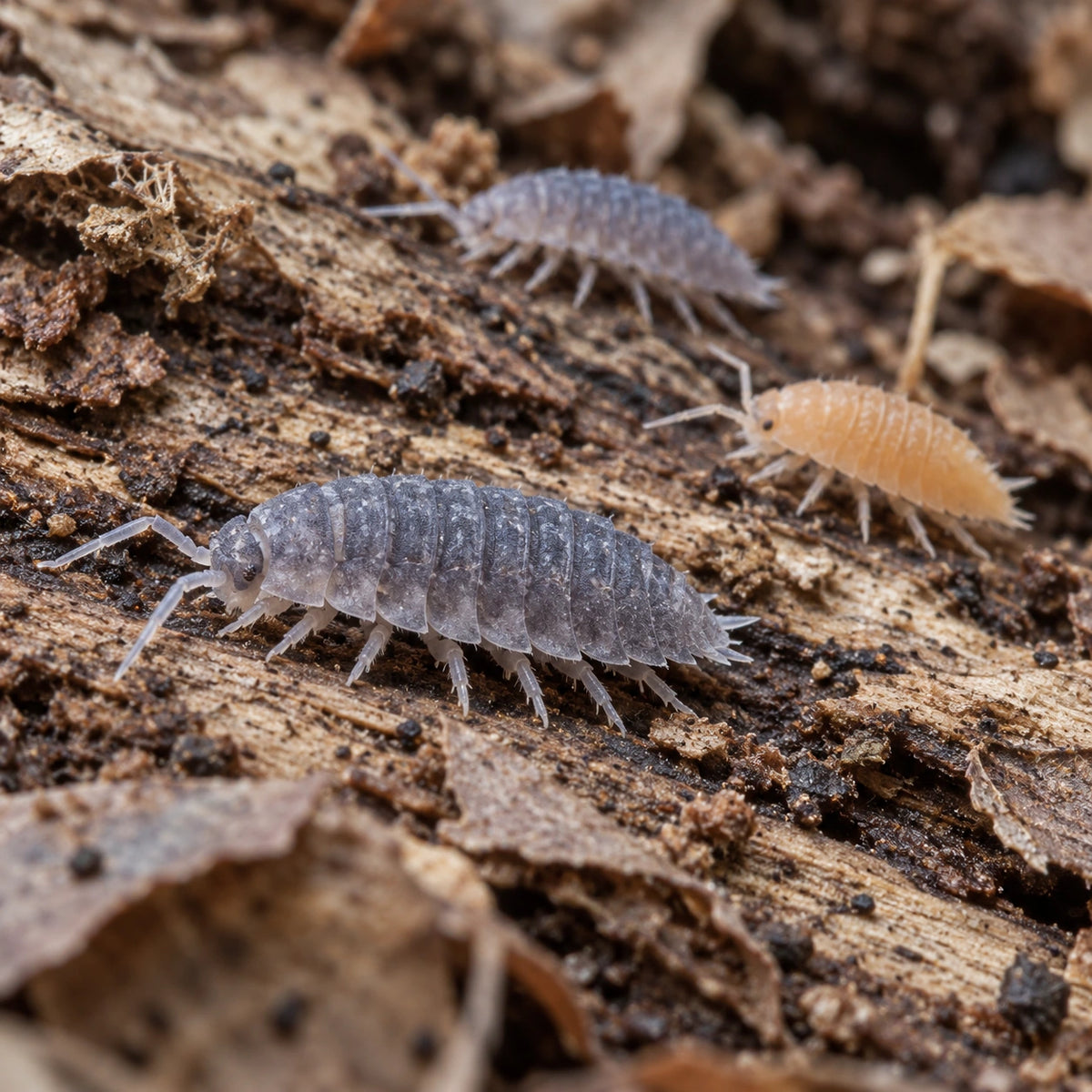 Reference-guided AI illustration of a variable mixed-color isopod culture on bark; representative appearance, not an exact assortment.