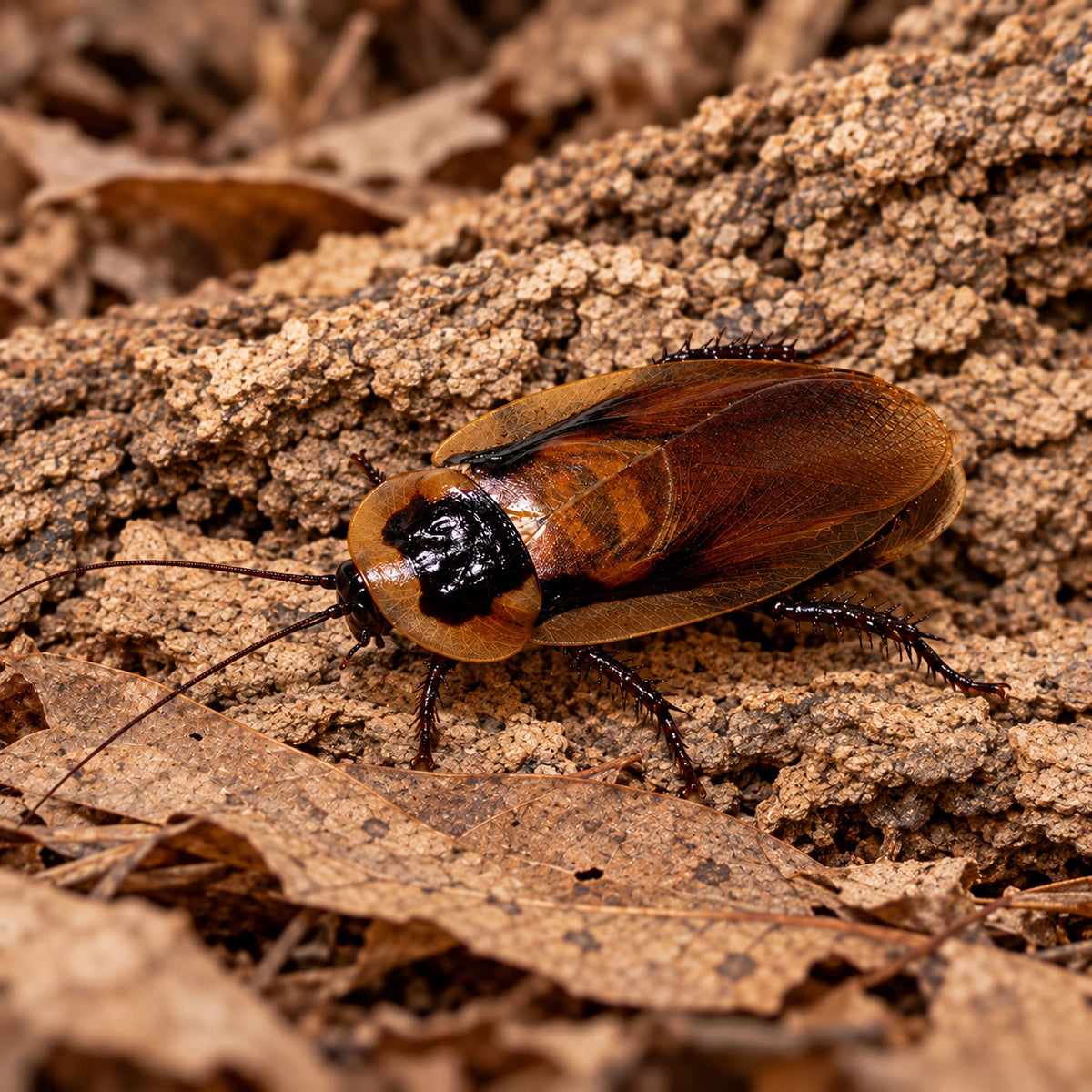 AI-generated reference-guided close view of Miami polymorphic roach (Blaberus atropos Florida). Real anatomy reference: Roach Crossing. AI-generated new habitat and framing.
