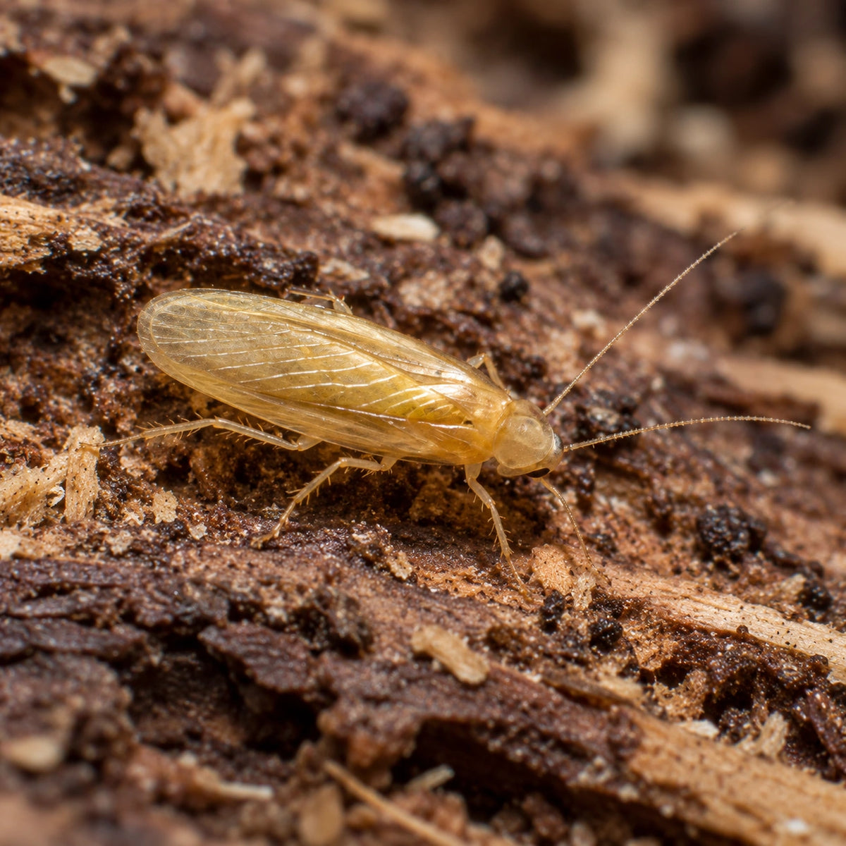 AI-generated reference-guided close view of micro hooded roach (Compsodes schwarzi). Real anatomy reference: Pauls Pills. AI-generated new habitat and framing.