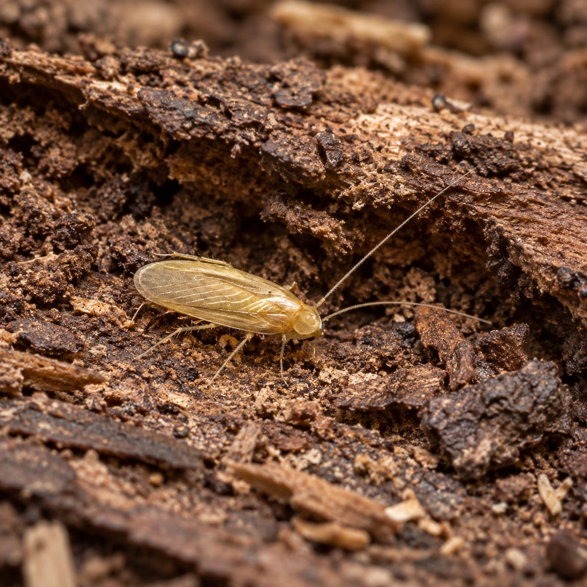 AI-generated reference-guided wide habitat view of micro hooded roach (Compsodes schwarzi). Real anatomy reference: Pauls Pills. AI-generated new habitat and framing.