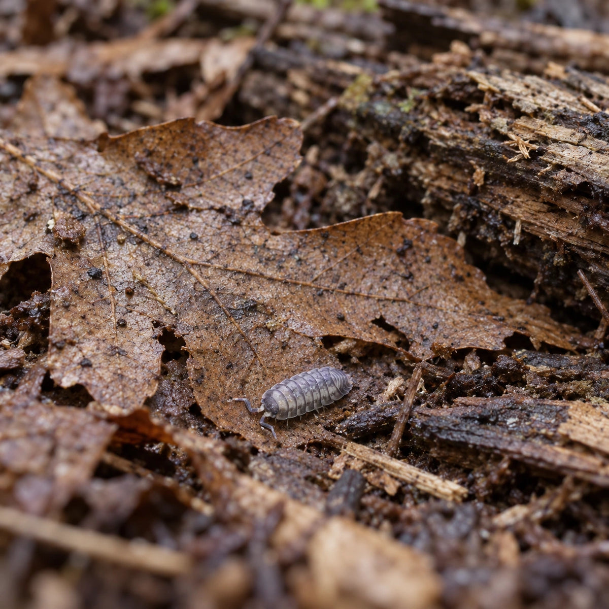 AI-generated reference-guided wide habitat view of Dwarf Grey isopod (Nagurus cristatus).