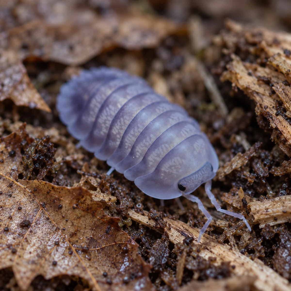 AI-generated reference-guided close view of Purple Ghost isopod (Nesodillo arcangelii).