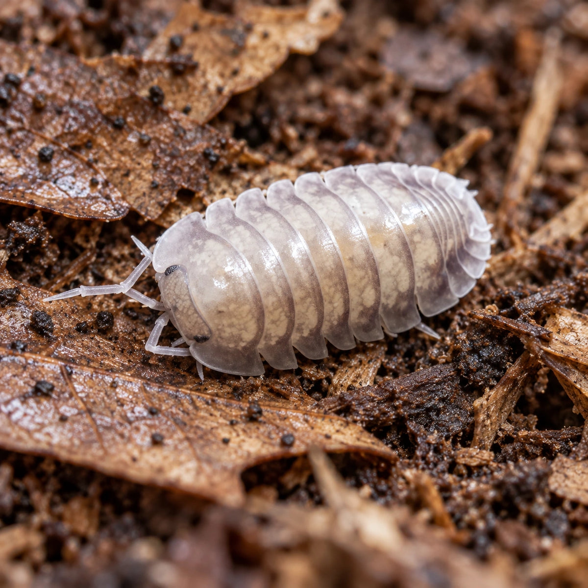 AI-generated reference-guided close view of Silver Ghost isopod (Nesodillo arcangelii).