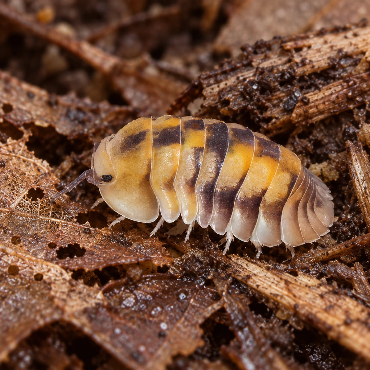 AI-generated reference-guided close view of Opal isopod (Cubaris sp.).