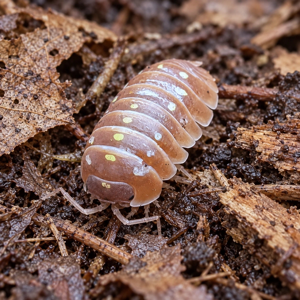 AI-generated reference-guided close view of Orange Clown isopod (Armadillidium klugii).