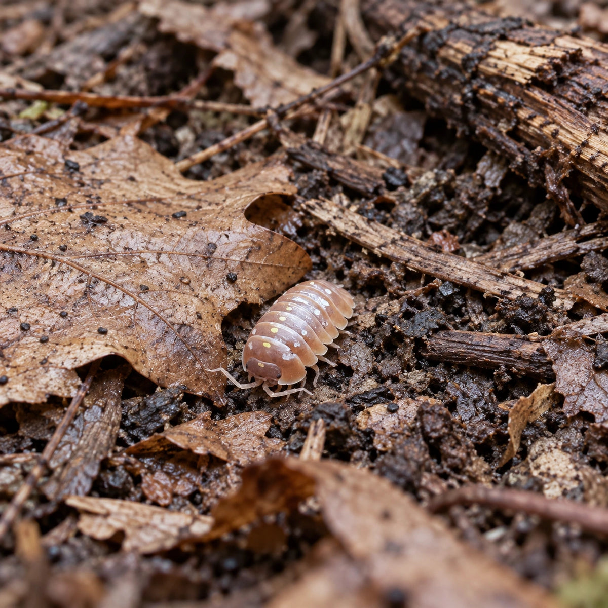 AI-generated reference-guided wide habitat view of Orange Clown isopod (Armadillidium klugii).