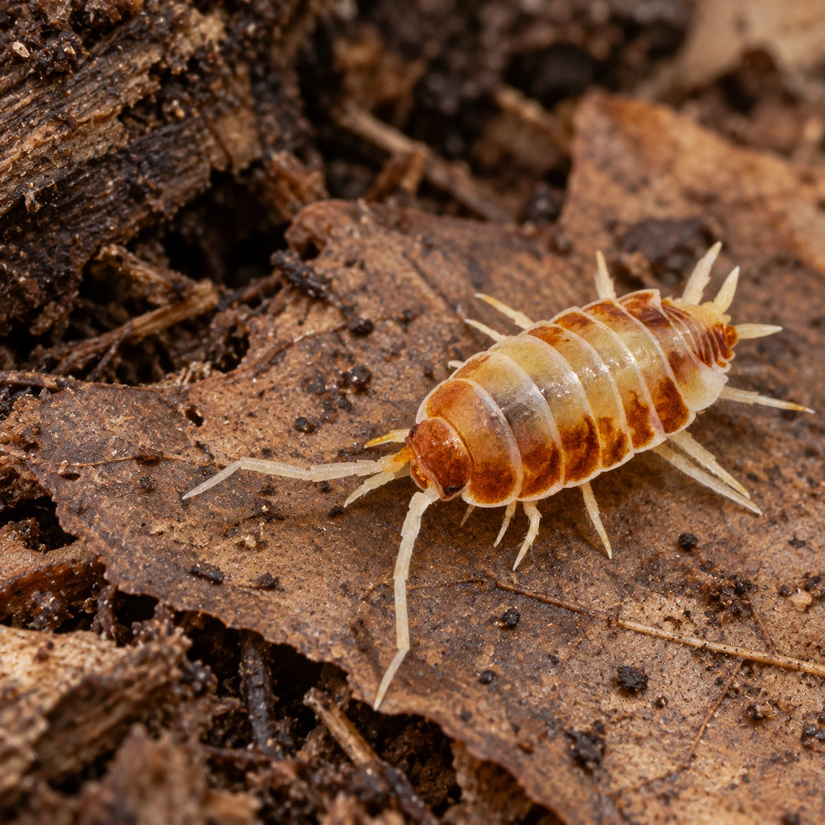 AI-generated reference-guided close view of Porcellionides pruinosus "Orange Cream" isopods.