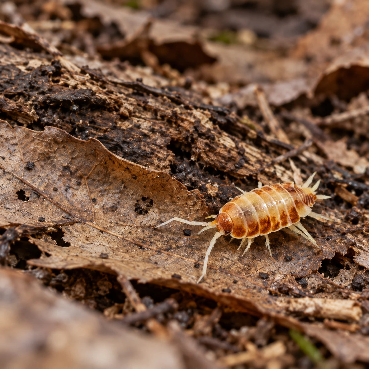 AI-generated reference-guided wide habitat view of Porcellionides pruinosus "Orange Cream" isopods.