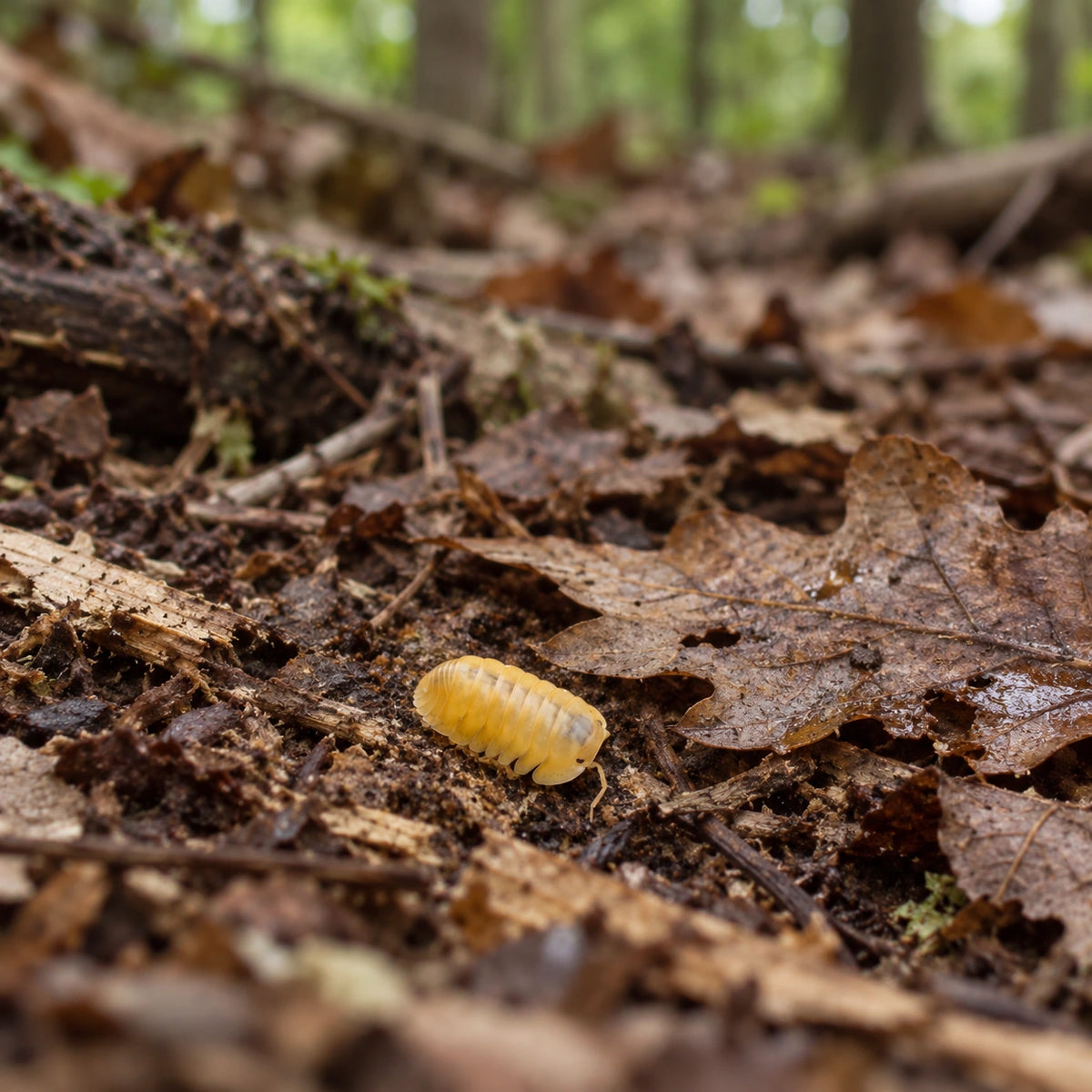 AI-generated reference-guided wide habitat view of Orange Freezy isopod (Cubaris sp.).