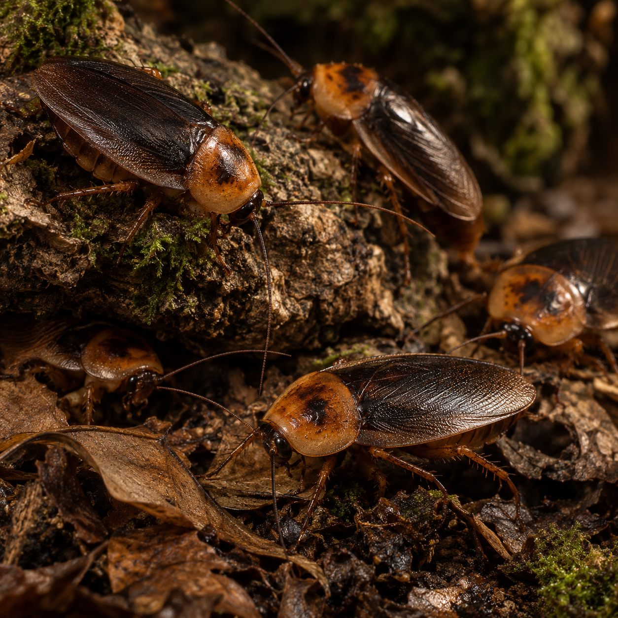 Orange Head Roaches on a dark forest-floor scene