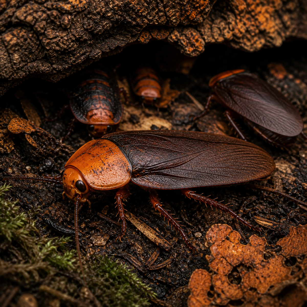 Orange Head roach (Eublaberus posticus) in a natural cork-bark habitat