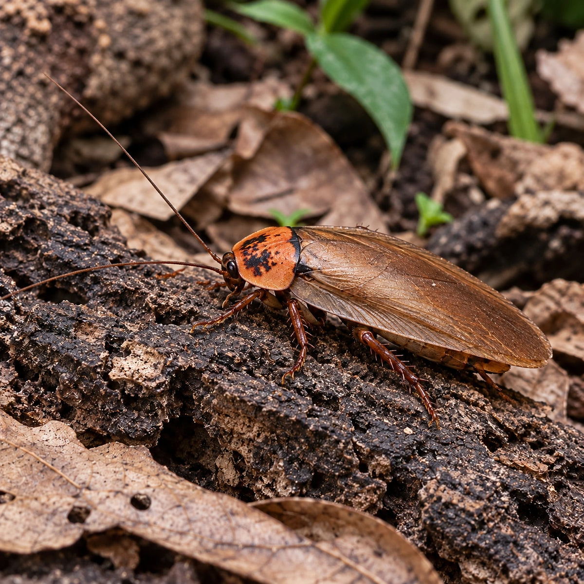 AI-generated reference-guided close view of adult orange-head roach (Eublaberus posticus). Reference: JSutton93, Wikimedia Commons, CC BY-SA 4.0 https://creativecommons.org/licenses/by-sa/4.0/. AI adaptation: new habitat and framing.